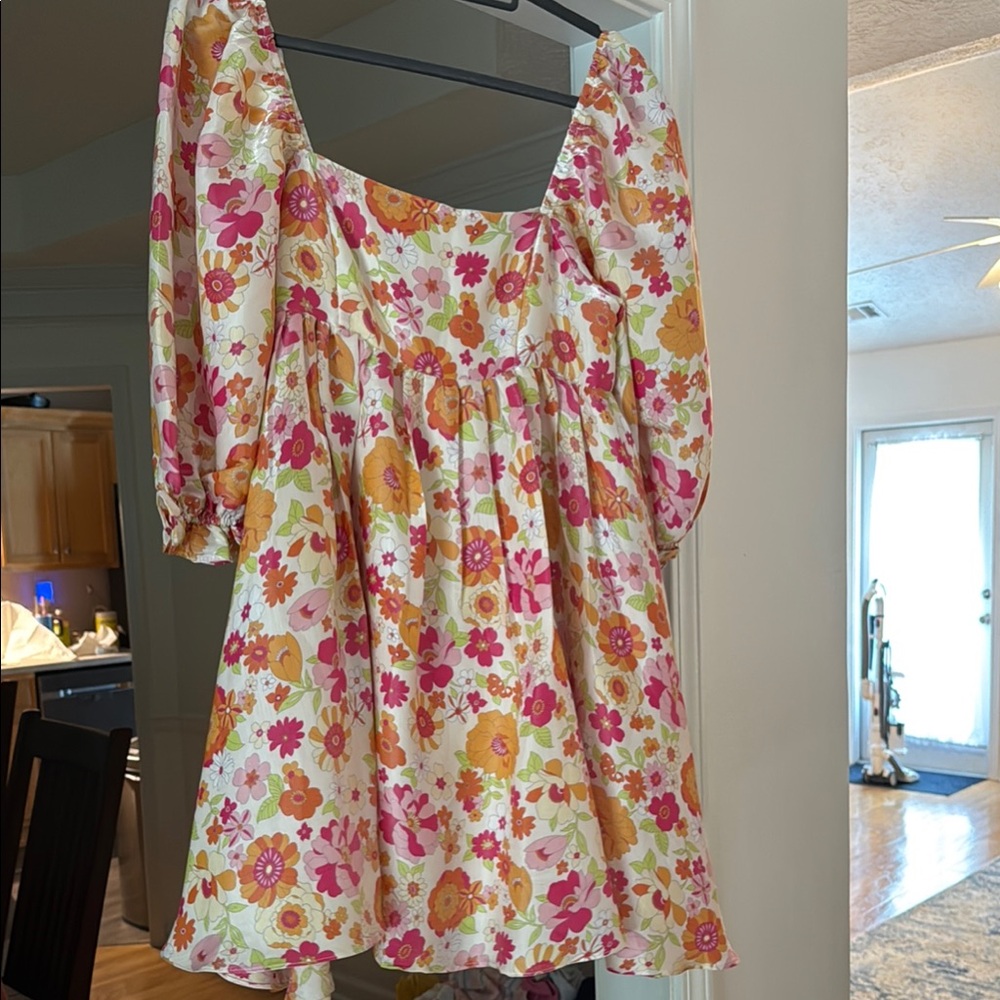 Anna Grace Pink and Orange Ruched Puff Sleeve Sundress